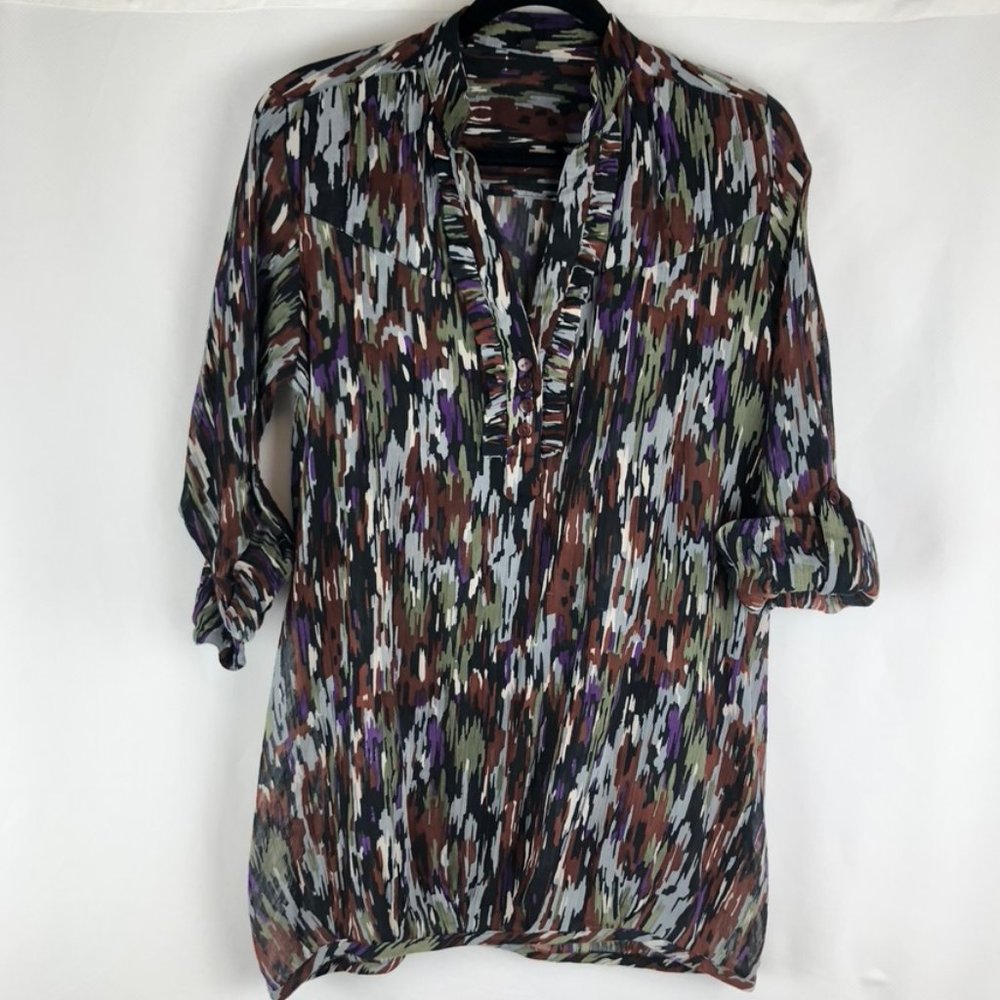 Vivante Cotton Ruffle Roll-Sleeve Patterned Blouse